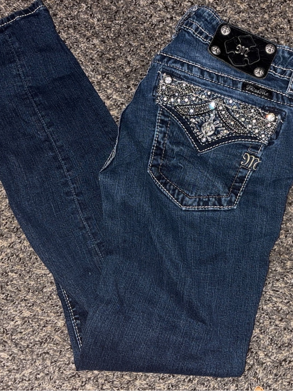 Miss Me Dark Blue Skinny Jeans with Embellished Back Pockets